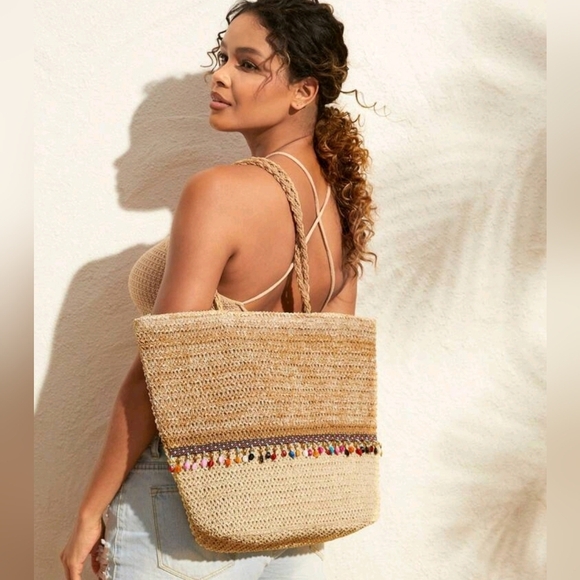 Boho Beaded Straw WovenTote Bag Purse Handcrafted Beach Summer Vibes For Woman - Picture 5 of 5